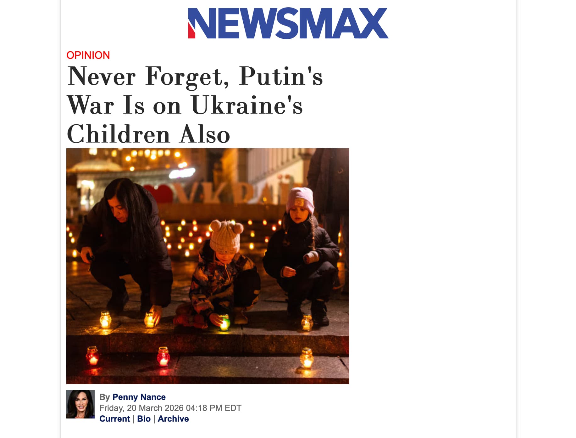 Newsmax: Never Forget, Putin's War Is on Ukraine's Children Also by Penny Nance